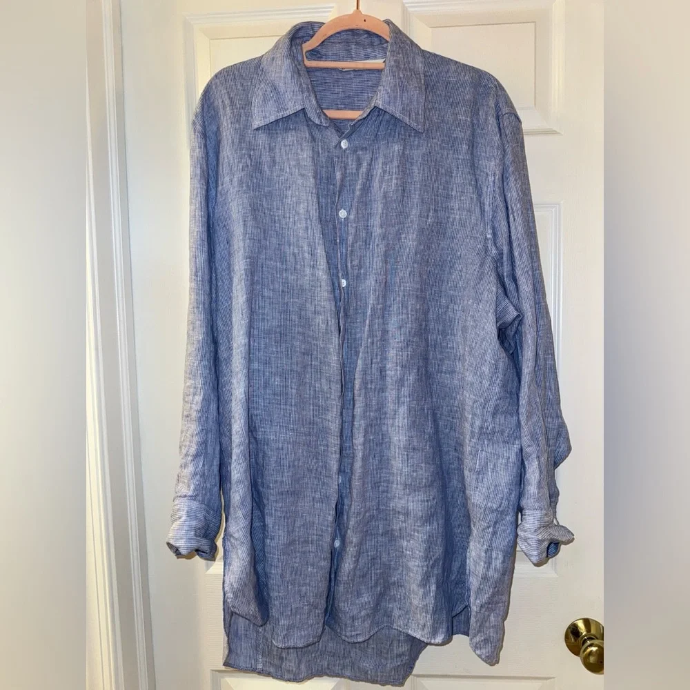 ZARA Oversized Button-Up Shirt - Blue/White Striped - 100% Linen - Size L - Picture 2 of 9